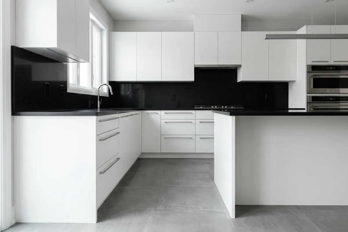Kitchen refaced with flat white slab doors and drawer fronts, concept render