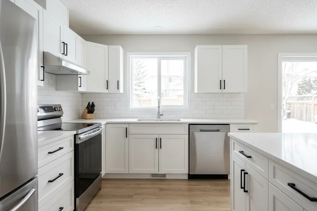 White painted shaker kitchen cabinets with quartz counters, concept render
